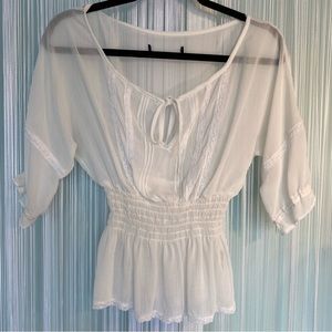 Seduction Off White Cream Lace Sheer Blouse Top Size Small